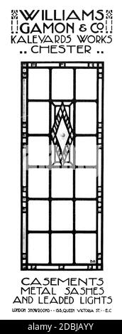 Pubblicità disegnata a mano per William Gamon & Co, Chester, Metal, Casement e produttore di luci con piombo, dallo Studio An Illustrated Magazine of Fi Foto Stock
