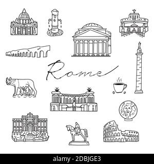 Italia Roma icone di doodle disegnate a mano. Architettura di viaggio. Fontane, cattedrali. Simboli italiani delineano il disegno clipart. Illustrazione Vettoriale