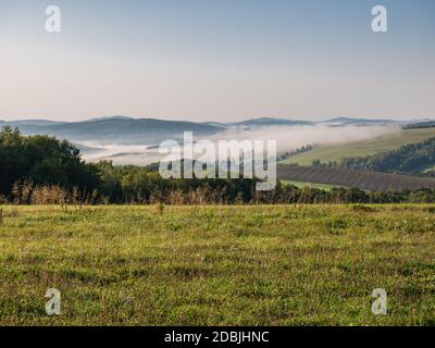 La nebbia mattutina pende nelle valli di una collina orizzontale Foto Stock