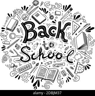 Collezione di articoli di cancelleria. Stile contorno. Torna a scuola sottile vettore doodle modello di illustrazione isolato su sfondo bianco. Vettore di schizzo Illustrazione Vettoriale