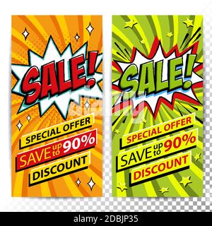 Banner Web di vendita. Set di banner promozionali a prezzi scontati per la vendita di fumetti Pop art. Grande esperienza di vendita. Sfondi decorativi con bomba esplosiva. Pop fumetti Illustrazione Vettoriale