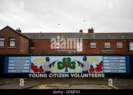 Ulster Volonteer Force (UVF) firmano a sostegno del gruppo paramilitare dei fedeli Ulster, sul muro di una proprietà sulla Lower Newtownards Road a East Belfast. Il paramilitarismo rimane un "pericolo chiaro e presente" nell'Irlanda del Nord, una nuova relazione ha riscontrato. La Commissione indipendente di segnalazione (IRC) ha affermato che la polizia capisce che rimangono migliaia di membri paramilitari 'in piedi'. Foto Stock