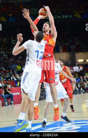 Pau Gasol (Spagna) contro Rudy Gobert (Francia). Coppa del mondo di basket Spagna 2014, quarti di finale Foto Stock