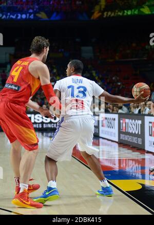 Boris diaw (Francia) distacco contro Pau Gasol (Spagna). Coppa del mondo di pallacanestro Spagna 2014 Foto Stock