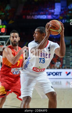 Boris diaw (Francia) distacco contro Juan Carlos Navarro (Spagna). Coppa del mondo di pallacanestro Spagna 2014 Foto Stock