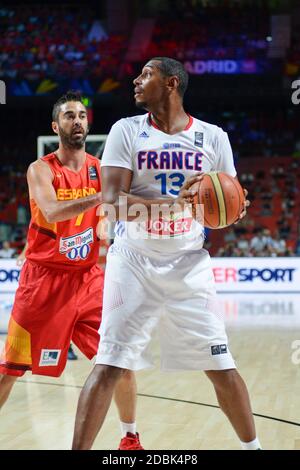 Boris diaw (Francia) distacco contro Juan Carlos Navarro (Spagna). Coppa del mondo di pallacanestro Spagna 2014 Foto Stock