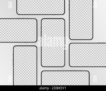 Mockup del telefono con schermo trasparente. Set di modelli realistici per smartphone. Design moderno per app mobile, design UI/UX per presentazioni. Illustrazione vettoriale Illustrazione Vettoriale