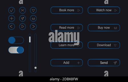 Set di pulsanti moderni per il design UI/UX. Acquista, guarda, impara, scarica, invia, Aggiungi e leggi tutto in blu. Immagine vettoriale piatta su sfondo scuro. Illustrazione Vettoriale