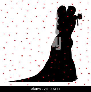 Sposa e lo sposo in silhouette baciare per un primo piano del cuore coriandoli. Foto Stock