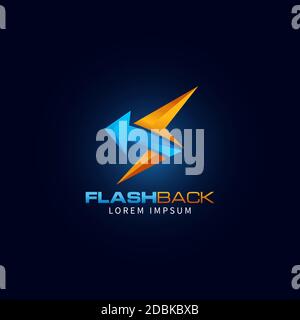 Flash Indietro concetto di logo della tecnologia moderna freccia posteriore con design del modello di bullone a testa tonda. Illustrazione Vettoriale