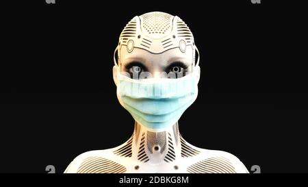 Illustrazione artistica in 3D di un cyborg femminile con maschera Foto Stock