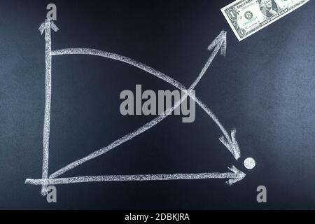 Grafico della crescita del dollaro, disegnato sul bordo. Il concetto di investimento e gli interessi della crescita aziendale. Grafico della caduta del rublo su un backgr nero Foto Stock