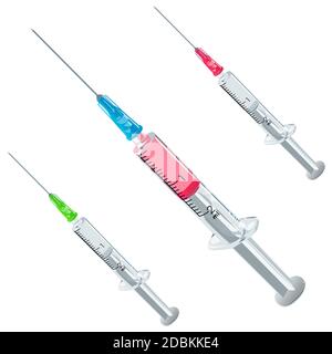 Set vettoriale di siringhe monouso con medicinale Foto Stock