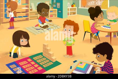 Classe Montessori con materiali dorati. Multiculturale ragazzi e ragazze che imparano la matematica attraverso Play Decanomial Square, Bead Cabinet, sottrazione dinamica, Foto Stock
