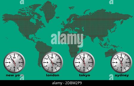 Il concetto di Map World Time include New York, Londra, Sydney e Tokyo, rendering 3d Foto Stock