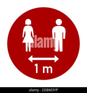Mantenere la distanza 1 m o 1 metro rotondo Social Distancing Istruzione Sticker con personaggi maschio e femmina. Immagine vettoriale. Illustrazione Vettoriale