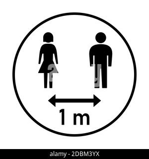 Mantenere la distanza 1 m o 1 metro rotondo Social Distancing Istruzione Sticker con personaggi maschio e femmina. Immagine vettoriale. Illustrazione Vettoriale