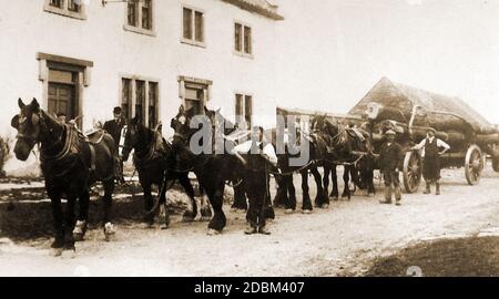 Una vecchia foto che mostra una squadra di sei cavalli che tirano un carrello di legno attraverso il villaggio di Sneaton (Yorkshire) UK nel 1908. L'edificio e' la casa pubblica di Wilson Arms. Foto Stock