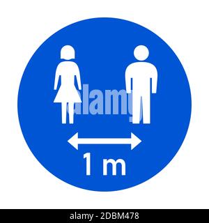Mantenere la distanza 1 m o 1 metro rotondo Social Distancing Istruzione Sticker con personaggi maschio e femmina. Immagine vettoriale. Illustrazione Vettoriale