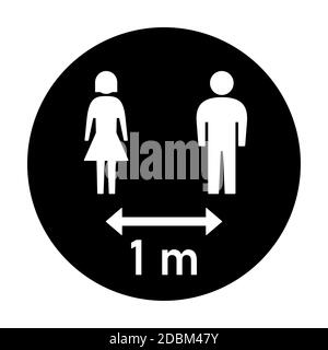 Mantenere la distanza 1 m o 1 metro rotondo Social Distancing Istruzione Sticker con personaggi maschio e femmina. Immagine vettoriale. Illustrazione Vettoriale