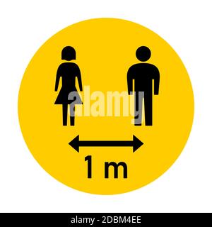 Mantenere la distanza 1 m o 1 metro rotondo Social Distancing Istruzione Sticker con personaggi maschio e femmina. Immagine vettoriale. Illustrazione Vettoriale