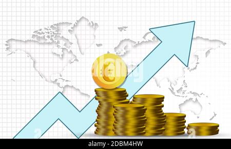 Monete d'oro con freccia blu, rendering 3d Foto Stock