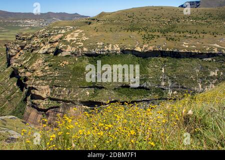 Un abisso intemperato attraverso le montagne di arenaria ricoperte di erba di Il Golden Gate Highlands National Park in Sud Africa Foto Stock