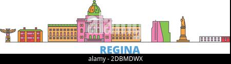 Canada, Regina linea paesaggio urbano, vettore piatto. Punto di riferimento della città di viaggio, illustrazione dell'oltino, icone del mondo di linea Illustrazione Vettoriale