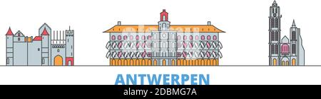 Belgio, Antwerpen linea paesaggio urbano, vettore piatto. Punto di riferimento della città di viaggio, illustrazione dell'oltino, icone del mondo di linea Illustrazione Vettoriale