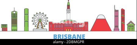 Australia, Brisbane line paesaggio urbano, vettore piatto. Punto di riferimento della città di viaggio, illustrazione dell'oltino, icone del mondo di linea Illustrazione Vettoriale