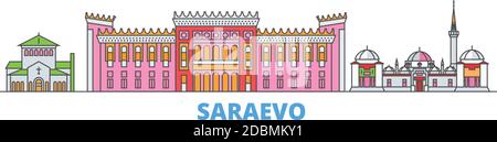 Bosnia-Erzegovina, Saraevo linea paesaggio urbano, vettore piatto. Punto di riferimento della città di viaggio, illustrazione dell'oltino, icone del mondo di linea Illustrazione Vettoriale