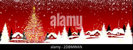 Albero di Natale e case su sfondo rosso inverno. Fiocchi di neve, neve, foresta. Notte innevata invernale. Illustrazione Vettoriale