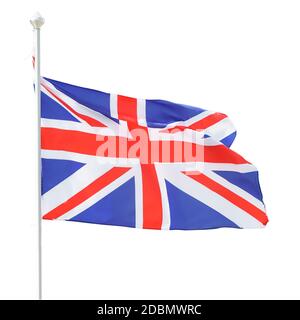 Bandiera britannica (Union jack) sul flagpole. Isolato su bianco, tracciato di ritaglio incluso Foto Stock