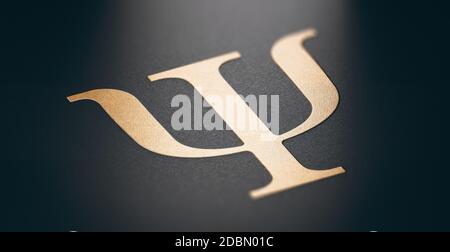 illustrazione 3d di una lettera di psi d'oro simbolo di psicologia o psichiatria su sfondo nero. Alfabeto greco. Foto Stock