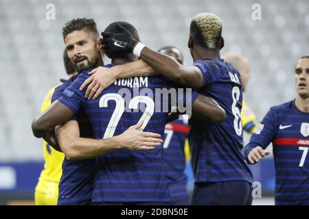 Olivier Giroud (fra) ha segnato un gol, celebrazione in armi di Marcus Thuram (fra), Paul Poggiba (fra) durante la partita di calcio internazionale amichevole tra Francia e Finlandia il 11 novembre 2020 allo Stade de France a Saint-Denis, Francia - Foto Stephane Allaman / DPPI / LM Credit: Gruppo Editoriale LiveMedia/Alamy Live News Foto Stock