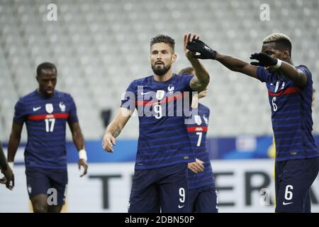 Olivier Giroud (fra) ha segnato un gol, festeggiando con Paul Poggiba (fra), Antoine Griezmann (fra), Moussa Sissoko (fra) durante la partita di calcio internazionale amichevole tra Francia e Finlandia il 11 novembre 2020 allo Stade de France a Saint-Denis, Francia - Foto Stephane Allaman / DPPI / LM Credit: Gruppo Editoriale LiveMedia/Alamy Live News Foto Stock