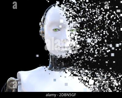 Il rendering 3D della testa di un robot femmina. La testa è di rottura oltre in pixel o windows. Sfondo nero. Foto Stock