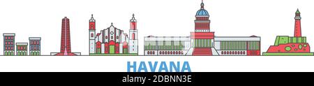 Cuba, il paesaggio urbano della linea Havana, vettore piatto. Punto di riferimento della città di viaggio, illustrazione dell'oltino, icone del mondo di linea Illustrazione Vettoriale