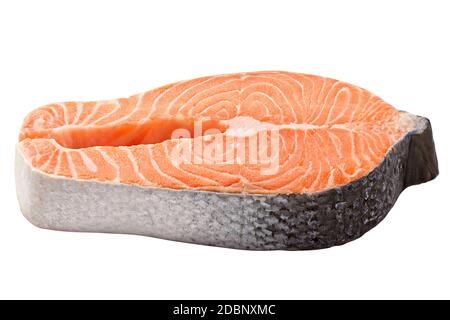 salmone, trota, bistecca, fetta di pesce fresco crudo, isolato su sfondo bianco, ritaglio percorso, piena profondità di campo Foto Stock