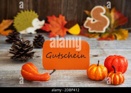 Etichetta arancione con testo tedesco Gutschein significa voucher. Decorazione autunnale come zucca, Hedgehog e Squirrel Foto Stock