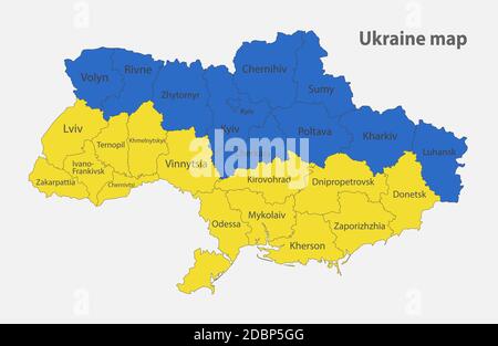 Mappa dell'Ucraina nei colori della bandiera con vettore divisioni amministrative Illustrazione Vettoriale