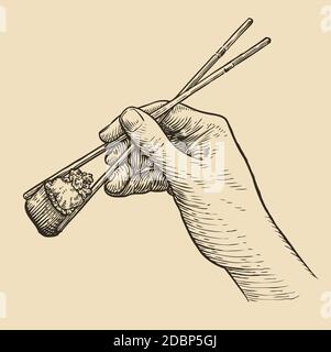 Sushi e chopsticks schizzo. Illustrazione vettoriale vintage dello schizzo del cibo asiatico Illustrazione Vettoriale