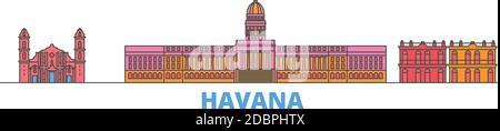 Cuba, Havana City line paesaggio urbano, vettore piano. Punto di riferimento della città di viaggio, illustrazione dell'oltino, icone del mondo di linea Illustrazione Vettoriale