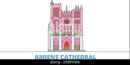 Francia, Amiens Cattedrale linea paesaggio urbano, vettore piatto. Punto di riferimento della città di viaggio, illustrazione dell'oltino, icone del mondo di linea Illustrazione Vettoriale