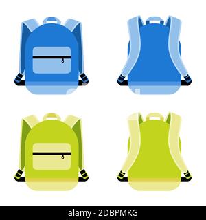 Set di icone per borsa di studio. Borsa a mano e contenitore, zaino portatile quotidiano, illustrazione vettoriale Illustrazione Vettoriale