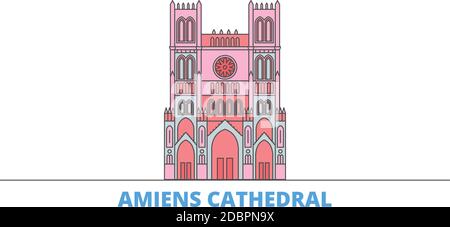 Francia, Amiens Cattedrale linea di riferimento paesaggio urbano, vettore piatto. Punto di riferimento della città di viaggio, illustrazione dell'oltino, icone del mondo di linea Illustrazione Vettoriale