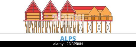 Germania, Alpi, preistoriche case di pile linea paesaggio urbano, vettore piatto. Punto di riferimento della città di viaggio, illustrazione dell'oltino, icone del mondo di linea Illustrazione Vettoriale