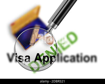 Vista dall'alto di un francobollo in gomma con una parola gigante 'visto domanda - negato Foto Stock