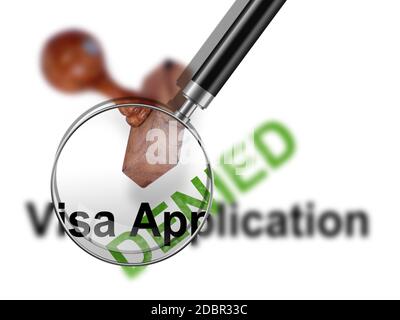 Vista dall'alto di un francobollo in gomma con una parola gigante 'visto domanda - negato Foto Stock