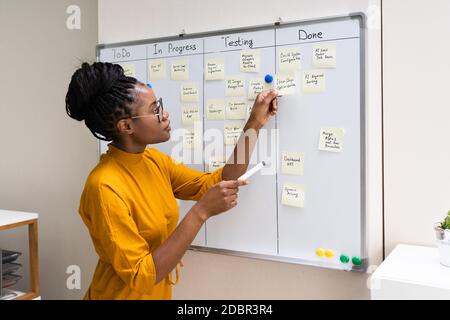 Donna Africana americana che scrive Kanban piano a bordo Foto Stock